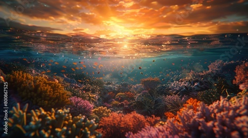 A breathtaking image of a coral reef at sunset  with warm hues casting a magical glow over the underwater world  inspiring appreciation and conservation efforts on World Reef Awareness Day.