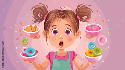 Shocked little girl holding bowls with cereal rings 