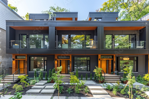 Modern two-story house with a black facade, front view, a double entrance door in the middle of the main floor and windows on each side of it. Created with Ai © Picture