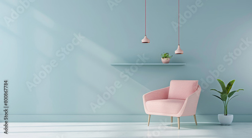 A serene and minimalistic interior design of an empty room with light blue walls, featuring soft pastel colors for furniture like a pink armchair or sofa