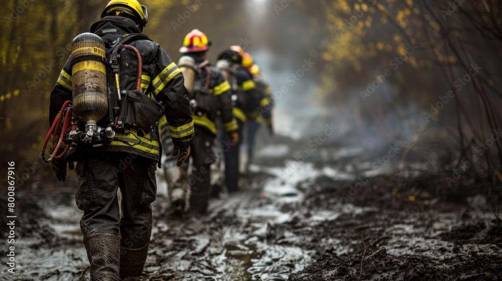 A group of firefighters were walking through a muddy area.