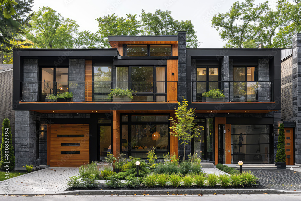 Ultrarealistic view of the exterior front of an elegant and modern twostory house in Montreal. Created with Ai