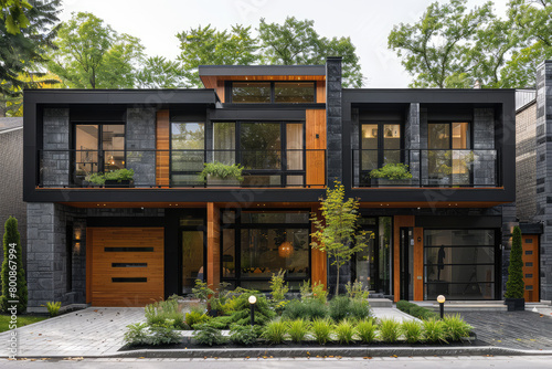 Ultrarealistic view of the exterior front of an elegant and modern twostory house in Montreal. Created with Ai © Picture
