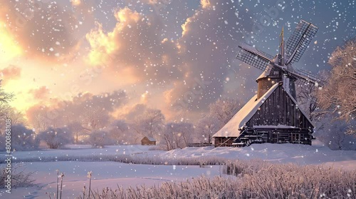 Winter Windmill Serenity: A rustic windmill stands tall in a snow-covered field, surrounded by the quiet beauty oSeamless looping 4k time-lapse virtual video animation background. Generated AI photo