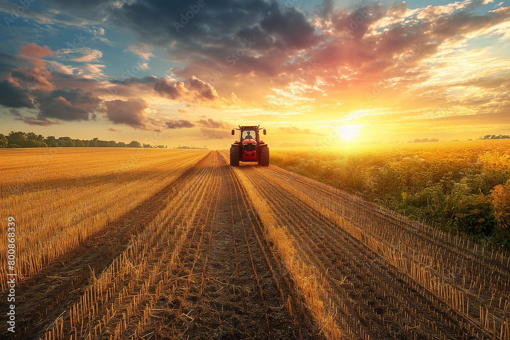 Tractor Spraying Crops at Sunset