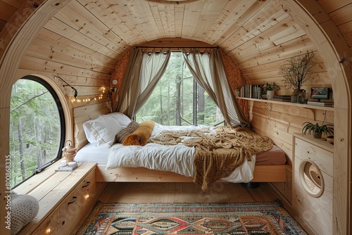 Pastel Dreams: Cozy Canopy Bed, Floating Nightstand with Built-In Lighting in Inviting Bedroom