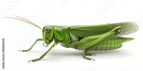  Behold the Graceful Green Grasshopper Exhibiting Its Magnificent Long Antennae Against a Pristine White Background, A colorful grasshopper sits on a white surface background 