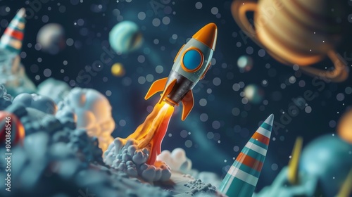 A vibrant and whimsical digital artwork depicting a toy rocket launching in a colorful candy-inspired space.