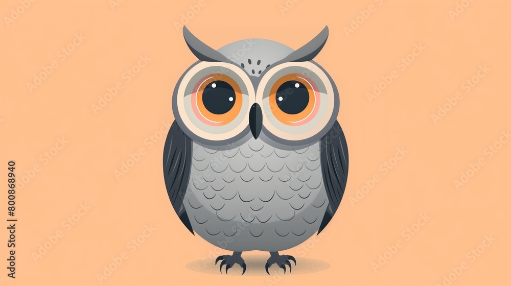 Flat solid color illustration of a slate gray owl with large, wise eyes on a light orange background Flat solid color illustration of a slate gray owl with large, wise eyes on a light orange background