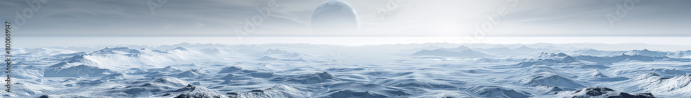 An icy landscape with mountains under a large moon on a light blue background, representing a sci-fi or alien world concept. Generative AI