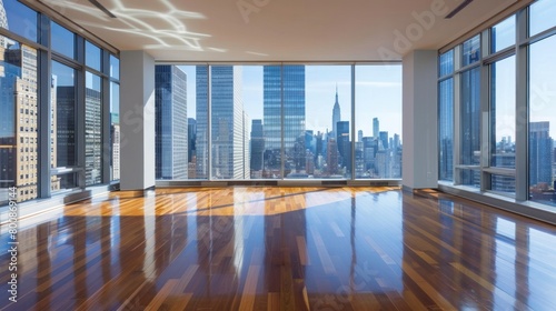 The spacious  empty apartment has parquet floors and floor-to-ceiling windows that offer panoramic views of the city skyline.