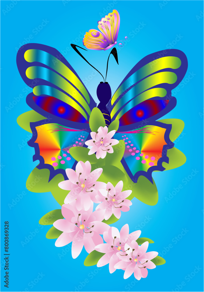 composition with pink flowers and colorful butterflies