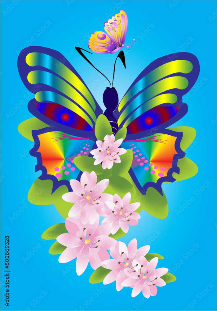Fototapeta premium composition with pink flowers and colorful butterflies