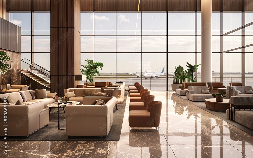 Spacious and modern airport VIP lounge with comfortable seating and a beautiful view of the tarmac