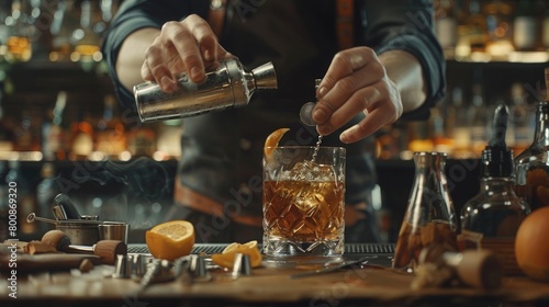 A captivating image of a bartender carefully crafting a whisky-based cocktail, with the ingredients and tools neatly arranged on the bar. photo