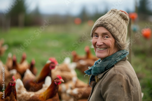 Happy farm woman owner on the street among her chickens. Small business farming concept 