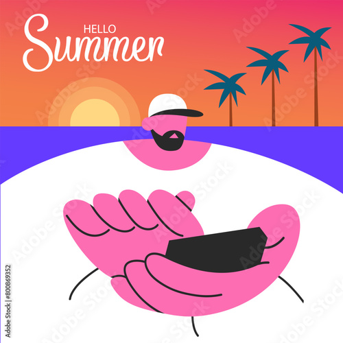 Summer vector background design. Hello Summer text on beach with Man. Flat Vector illustration tropical season greeting background.