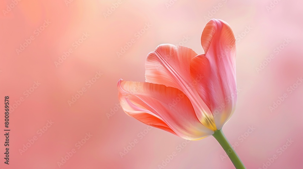 A single vibrant tulip, upclose, softfocus background in pastel pink, highkey lighting, cover shot for a spring issue magazine