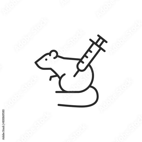 Icon depicting a lab mouse with a syringe, commonly associated with medical and scientific research, including drug development and testing. Vector illustration. 