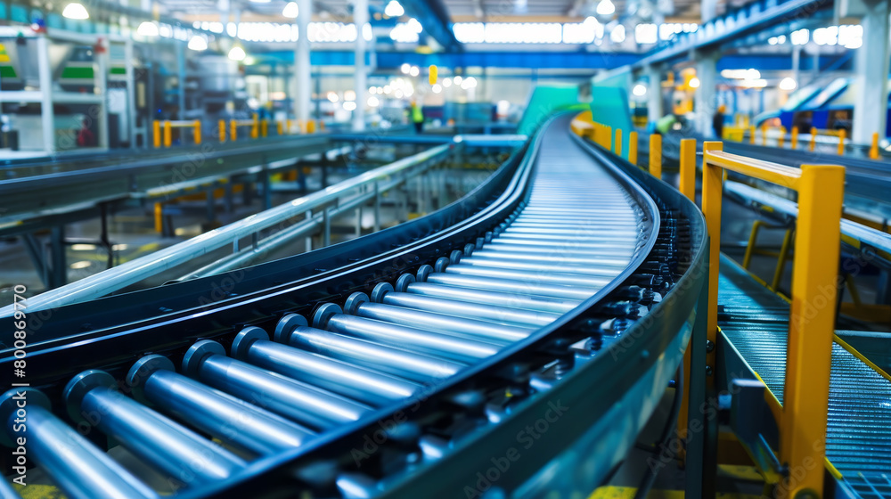 A conveyor belt in a factory setting with a focus on industrial machinery on a blurred background, depicting automation. Generative AI A conveyor belt in a factory setting with a focus on industrial machinery on a blurred background, depicting automation. Generative AI
