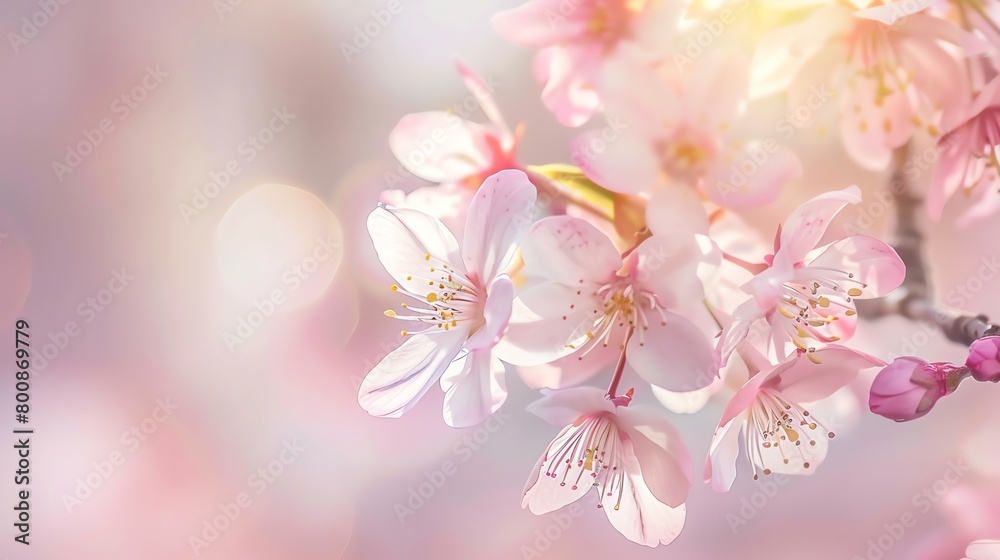 Cherry blossom closeup, pastel gradient from pink to cream background, delicate morning light, spring magazine front page
