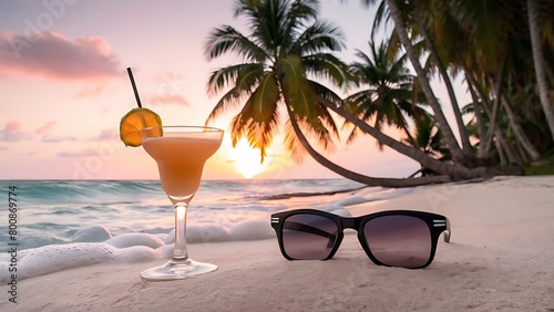 Cocktail on the beach with palm trees and sunset in background