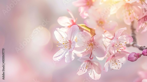 Cherry blossom closeup, pastel gradient from pink to cream background, delicate morning light, spring magazine front page © Pniuntg