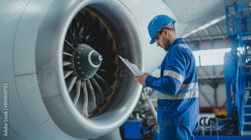 An engineer in blue overalls inspecting a jet engine, situated in an aircraft hangar, symbolizing aviation maintenance and service, Generative AI.