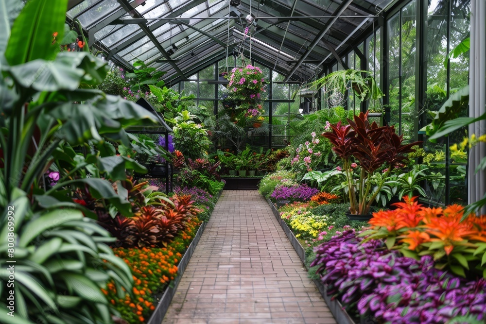 Greenhouse garden with diverse plant and flower interior
