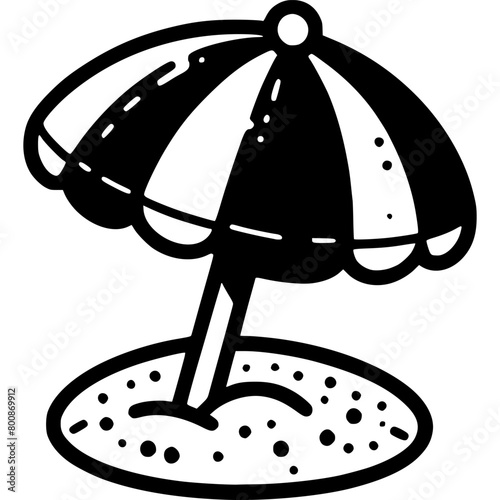 Striped beach umbrella stuck in sand in monochrome. Sun protection beach accessory. Simple minimalistic vector in black ink drawing on transparent background