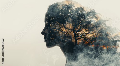 A double exposure image of a woman's silhouette merging with a tree on a misty background, representing a nature-human concept. Generative AI