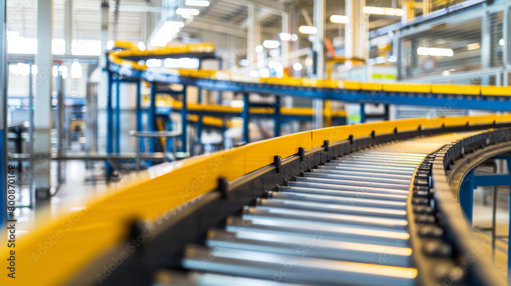 Close-up view of a conveyor belt in a manufacturing plant, with a blurred industrial setting in the background, emphasizing automation. Generative AI