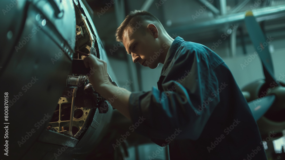 A man working on the maintenance of a jet airplane in a hangar, focused and professional, dark background, concept of engineering service. Generative AI
