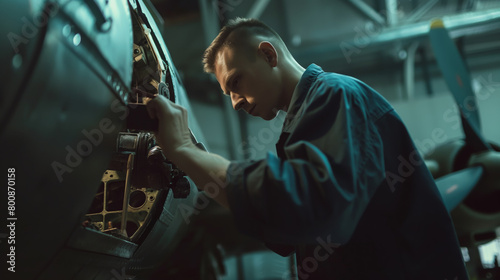 A man working on the maintenance of a jet airplane in a hangar, focused and professional, dark background, concept of engineering service. Generative AI