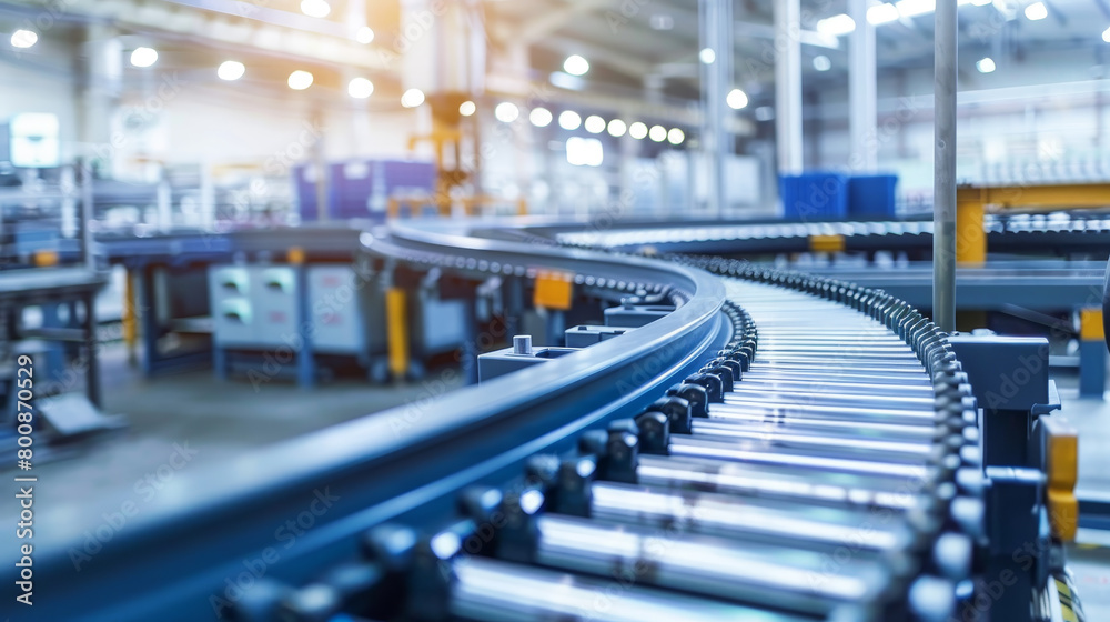 An industrial conveyor belt in a factory setting with a blurred background, showcasing technology in manufacturing, Generative AI.