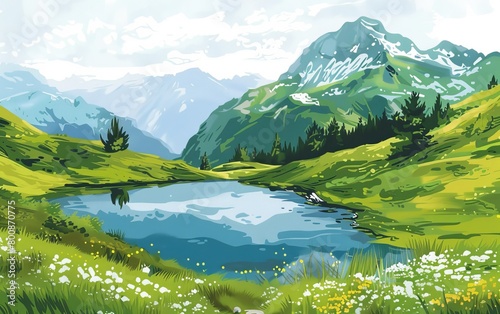 A scenic digital artwork depicting a vibrant mountain landscape with a tranquil lake, green meadows, and white flowers