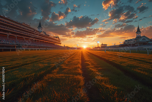 Photograph of the sun rising over kentucky, behind it is the horse racing track at churchill lots in