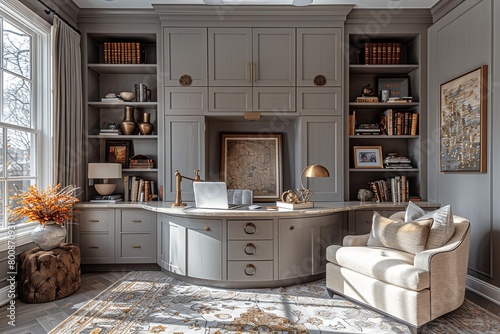 A Light-Filled Study  Curved Floating Desk  Built-in Bookshelves with Hidden Drawers  Plush Armchair