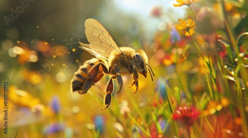 A captivating image of a bee in flight, with delicate wings and a backdrop of a colorful garden, symbolizing the grace and agility of these pollinators on World Bee Day. photo