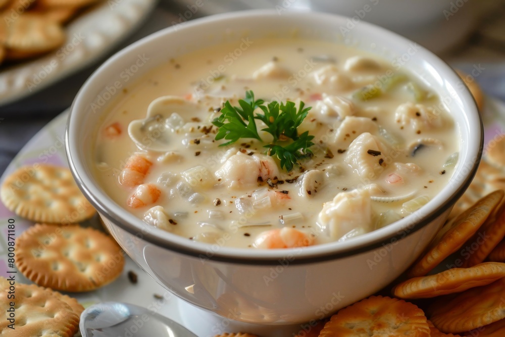Homecooked clam chowder with crackers Homecooked clam chowder with crackers