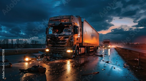 A truck accident occurred in the evening on the highway. photo