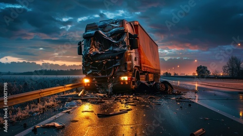 A truck accident occurred in the evening on the highway. photo