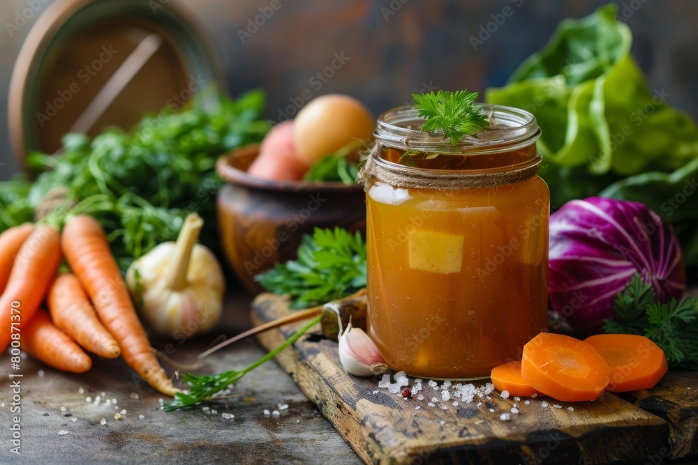 Homemade bone broth with veggies in a jar Homemade bone broth with veggies in a jar