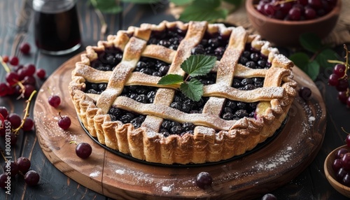 Homemade black currant pie on a wooden board