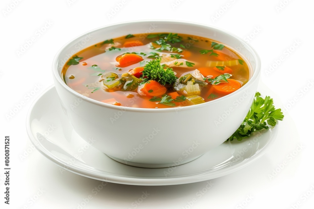 Homemade chicken soup in white bowl on white background Homemade chicken soup in white bowl on white background