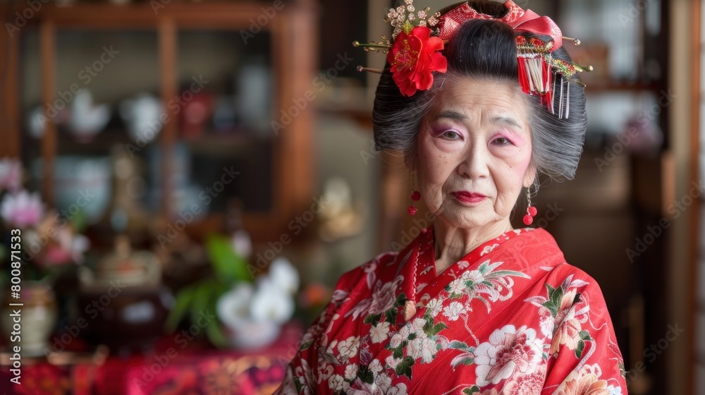 A Japanese woman wears a red and white floral kimono and matching hair accessory.
