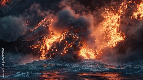 A powerful and dramatic volcanic eruption at sea with molten lava, explosive blasts and turbulent waves around it photo