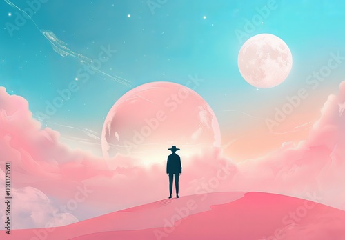 A dreamy and surreal digital artwork featuring a solitary figure under a fantastical sky with giant planets © Psychologist