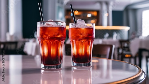 Two glass soft drink with ice in restaurant background