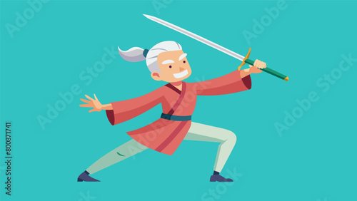 A senior man grins as he practices his swordplay promoting focus and mindfulness through the intricate martial arts form.
